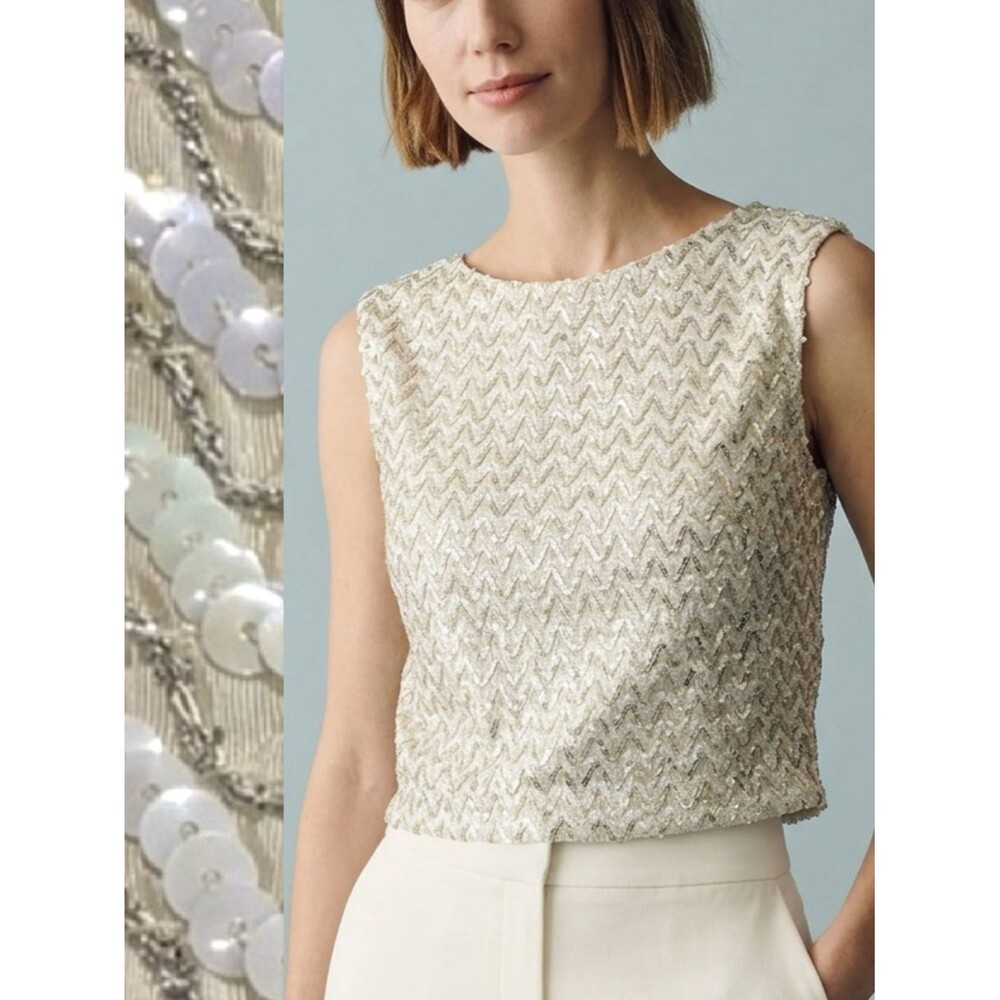 Vintage 60s Alice of California Sequin Beaded Tank Size Small Zip Back Off White